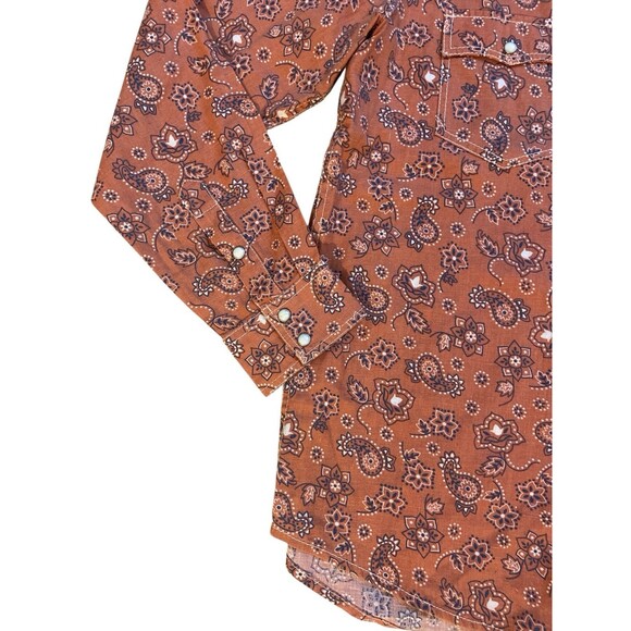 Ryan Michael Men’s L Western Snap Shirt Orange Floral Paisley Linen Pearl Snaps - Picture 4 of 11